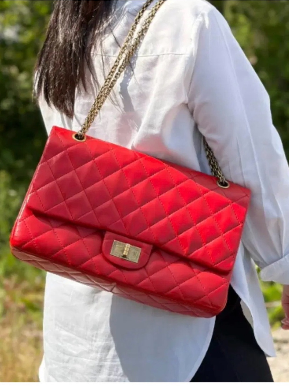 Chanel Reissue 2.55 Quilted Leather Shoulder Bag in Red with Gold Chain
